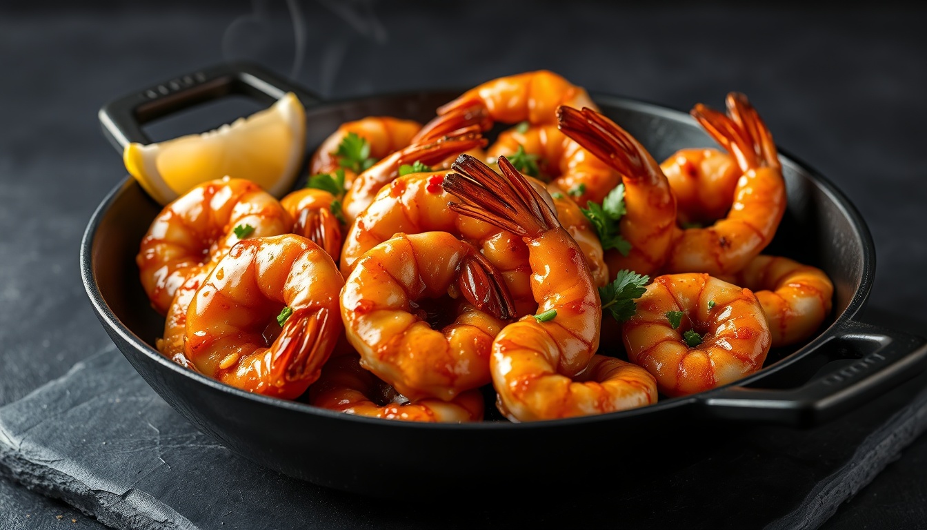 Honey garlic shrimp with caramelized glaze in a skillet, garnished with parsley