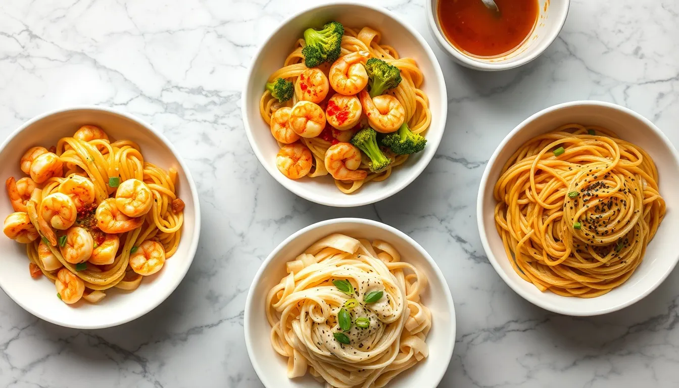 Five honey garlic shrimp pasta variations in white bowls — classic butter scampi, spicy sriracha, broccoli lemon, creamy, and Asian sesame noodles