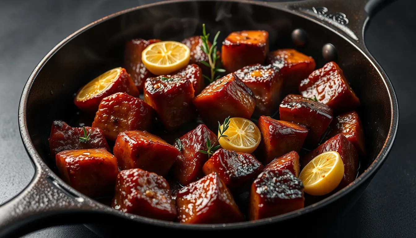 Honey garlic steak bites searing in a hot cast iron skillet with golden-brown crust