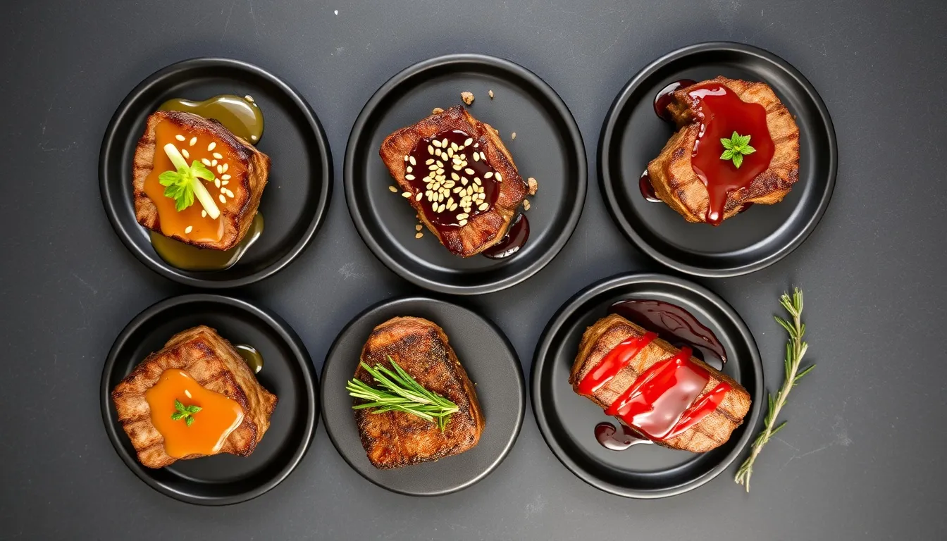 Honey garlic steak bite variations with butter finish, teriyaki glaze, and Korean chili styles