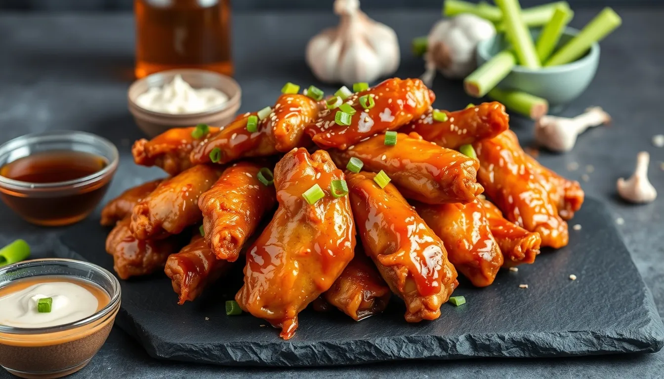 Crispy honey garlic chicken wings piled on a dark slate board with sticky amber glaze, sesame seeds, green onions, and a dipping sauce