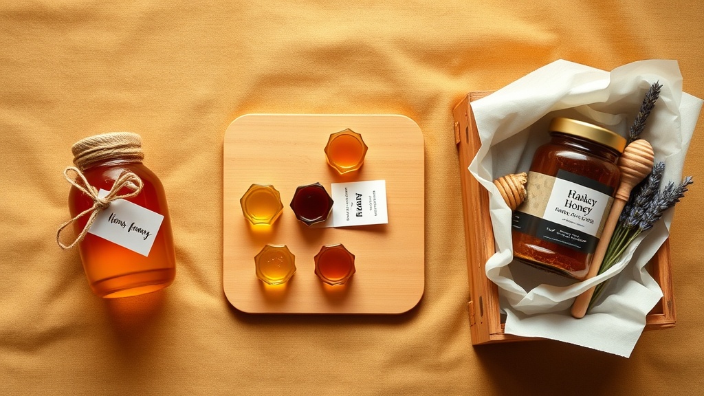 Three honey gift tiers on wood: jar with twine, flight board with four honeys, crate with Manuka honeycomb