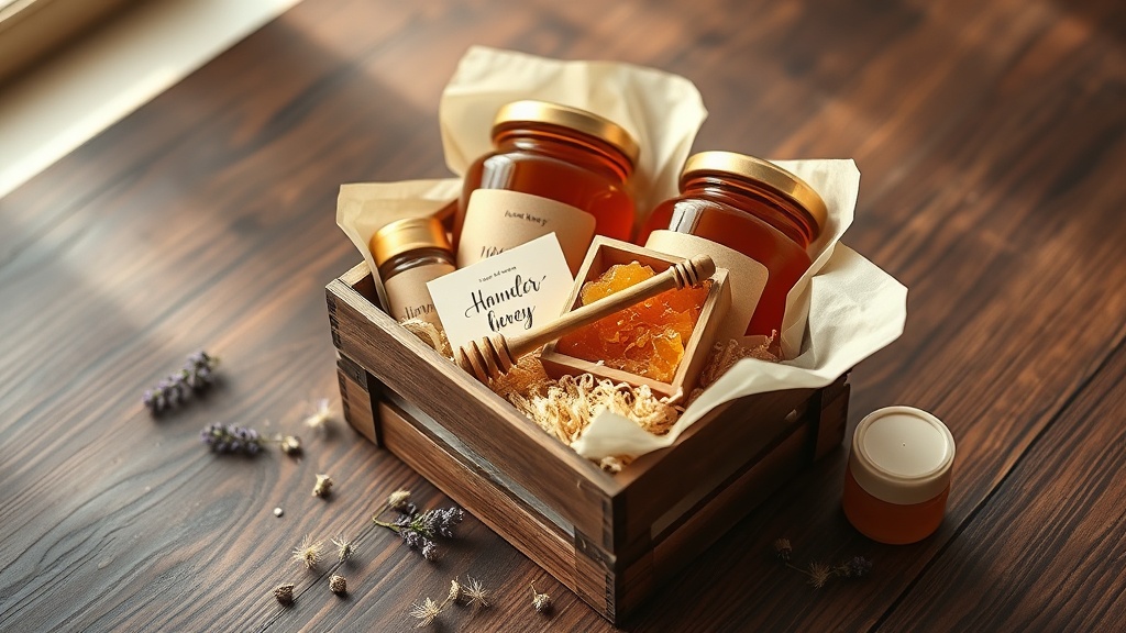 Wooden honey gift crate with parchment, two amber honey jars, honeycomb, wooden dipper, dried wildflowers and gift card