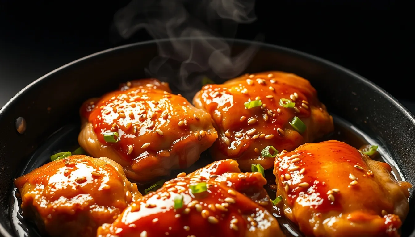 Honey ginger glazed chicken thighs in a skillet with sticky lacquered amber-orange sauce, sesame seeds, and sliced scallions