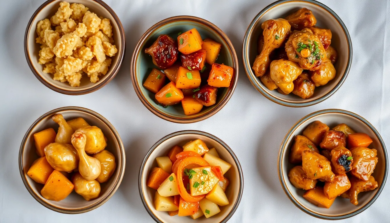 Five honey ginger chicken flavor variations in small ceramic bowls — classic sesame, teriyaki with pineapple, Thai basil, orange honey ginger, and miso honey ginger