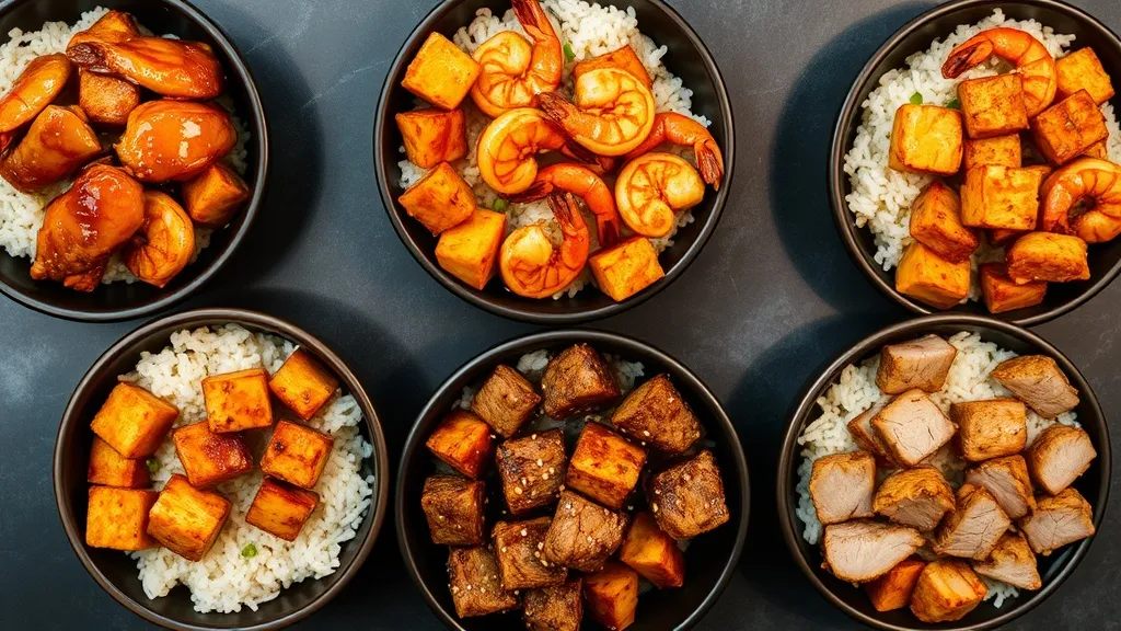 Five bowls of honey ginger stir fry over rice showing different protein options: chicken, shrimp, beef, crispy tofu, and pork