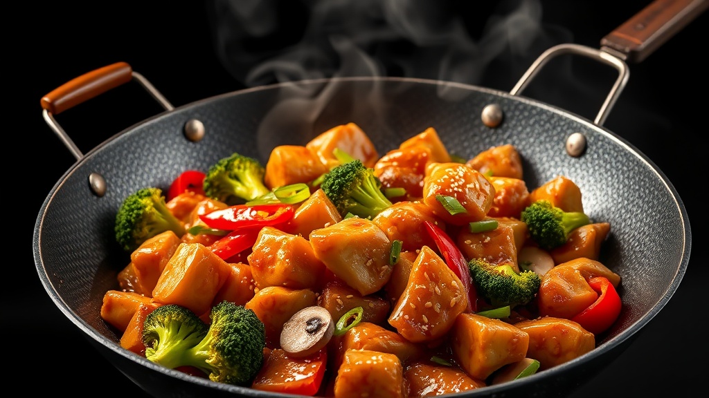 Honey ginger chicken stir fry in a black carbon steel wok with broccoli, bell peppers, and snap peas coated in a glossy amber sauce