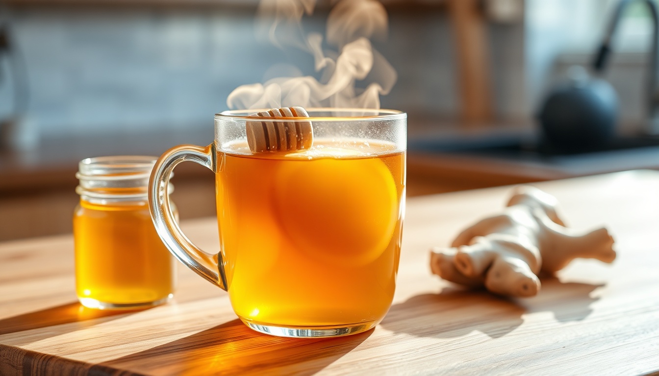 A steaming glass mug of honey ginger tea with raw honey being drizzled in, fresh ginger and lemon on a wooden board
