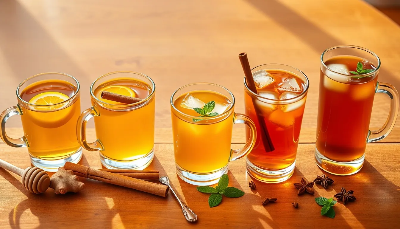 Five honey ginger tea flavor variations in clear glass mugs — classic lemon, turmeric, mint, chai, and iced versions