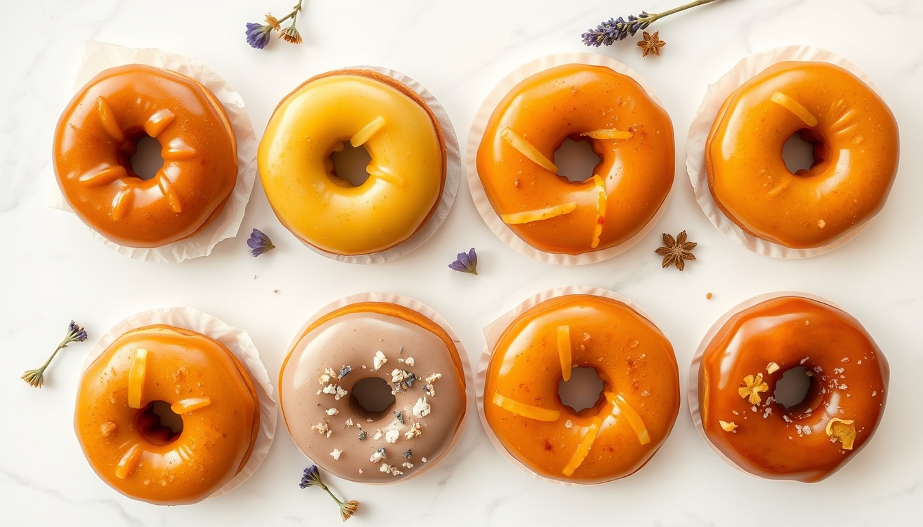 Five honey glazed donut variations — cinnamon, lemon, maple, lavender, and hot honey — arranged on white marble