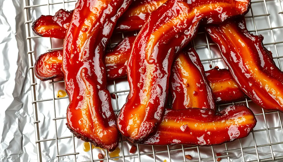 Perfect honey glazed bacon strips on a wire rack with glistening deep amber caramelized honey glaze, crackling and shiny, some with black pepper