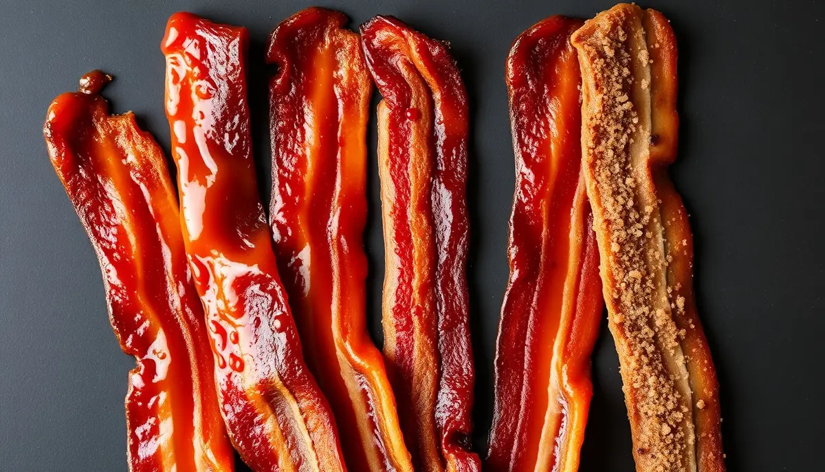 Five honey glazed bacon variations fanned out on dark slate — classic honey pepper, sriracha honey, maple honey, bourbon honey, and cinnamon sugar honey — each strip showing a distinct glaze color