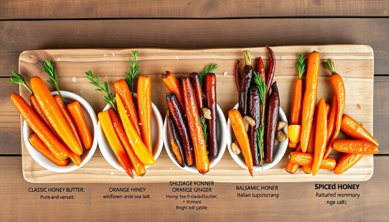 Five honey glazed carrot variations on rustic wood: classic honey butter, bright orange ginger, balsamic herb with rosemary, warm spiced moroccan-style, and umami honey miso with sesame