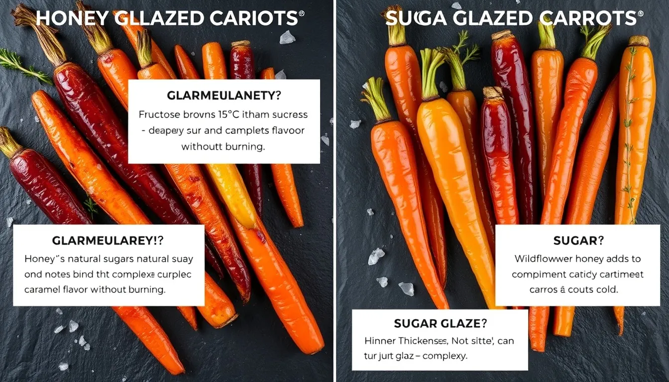 Side-by-side comparison of honey-glazed vs sugar-glazed carrots on dark slate: honey glazed carrots show deeper amber caramelization, glossy lacquered coating, and more color complexity