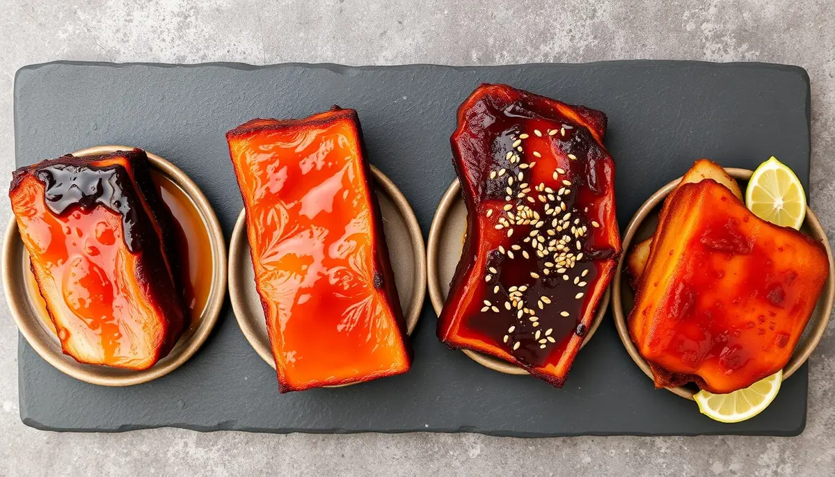 Four honey glazed pork belly glaze variations on dark stone — classic honey soy, honey hoisin with five-spice, honey miso with sesame, and honey chipotle with lime