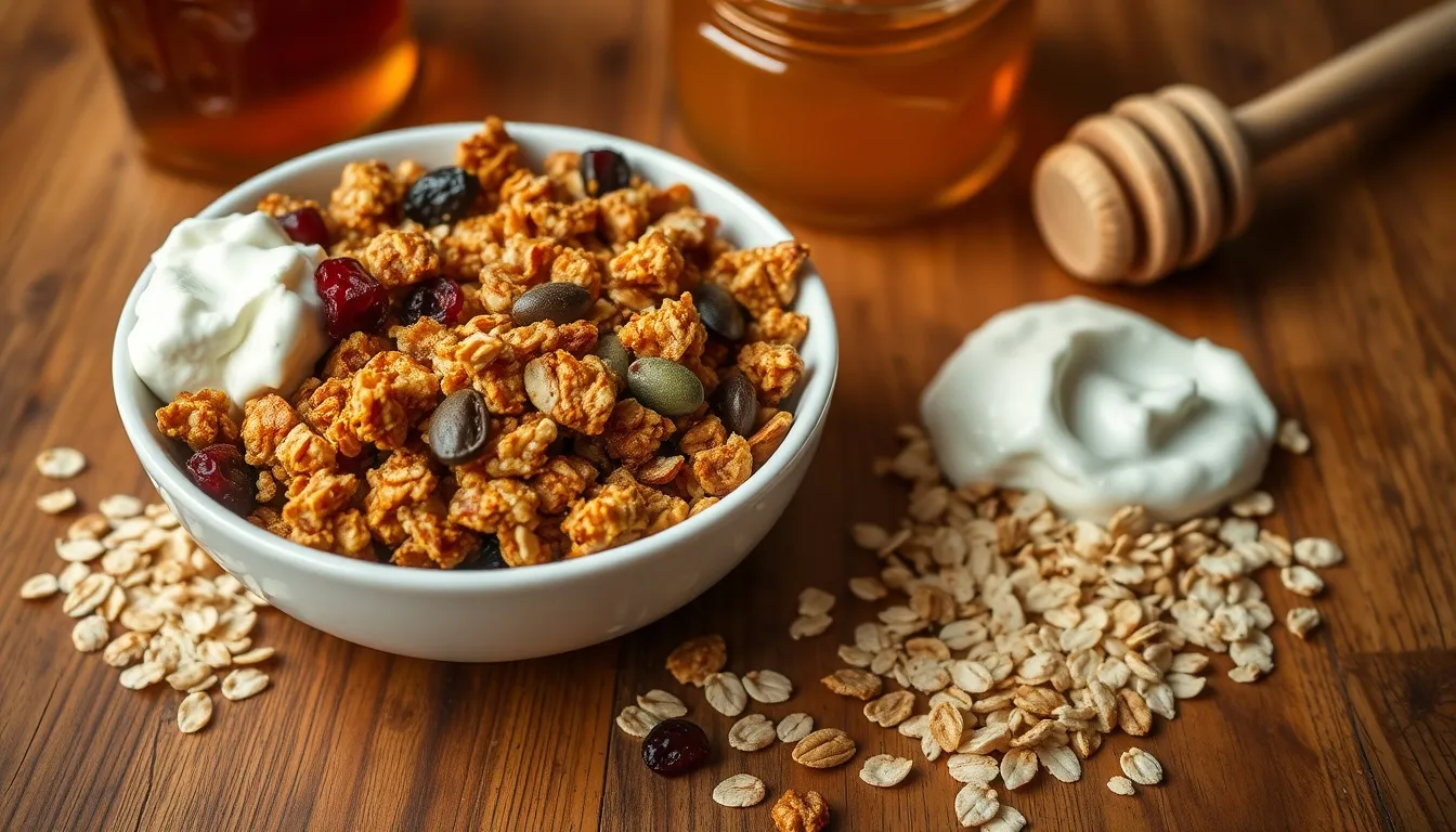 Homemade honey granola in white ceramic bowl with golden crunchy clusters, dried cranberries, and Greek yogurt alongside