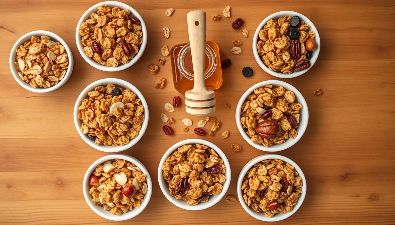 Seven honey granola flavor variations in white ceramic bowls — classic, coconut almond, chocolate chip, cranberry walnut, cinnamon apple, peanut butter, and maple pecan
