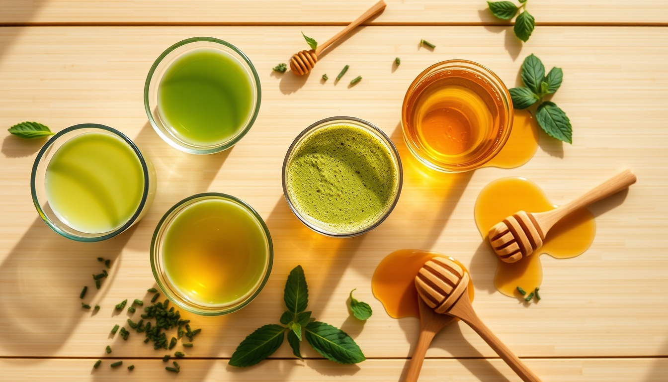 Three green tea varieties in delicate glass cups — sencha, matcha latte, chamomile blend — each beside its matched honey type on bamboo surface