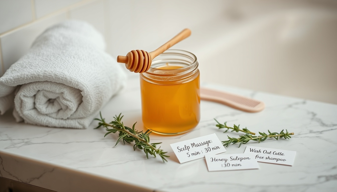 Honey hair growth mask treatment scene: amber honey hair mask in glass jar with rosemary sprigs, wooden honey dipper, wide-tooth comb, and soft white towel on marble bathroom counter