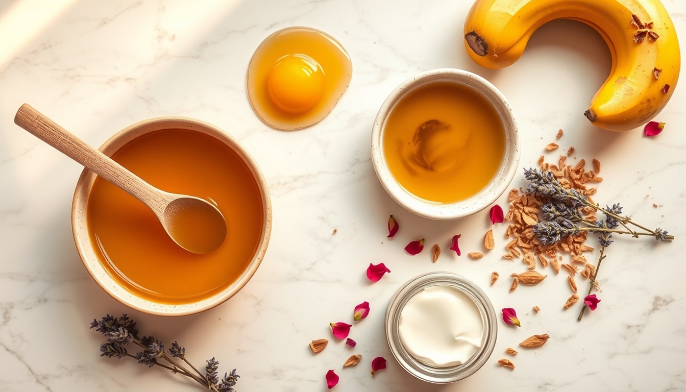 Overhead flat lay of DIY honey hair mask ingredients: raw honey, egg, banana, Greek yogurt, and coconut oil on white marble