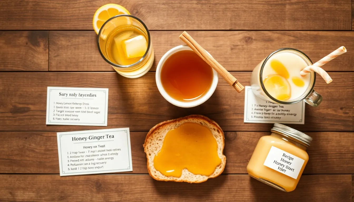 Five honey hangover recovery remedies — honey-lemon water, ginger tea, toast, banana smoothie, and pre-bed dose displayed with recipe cards on rustic wood