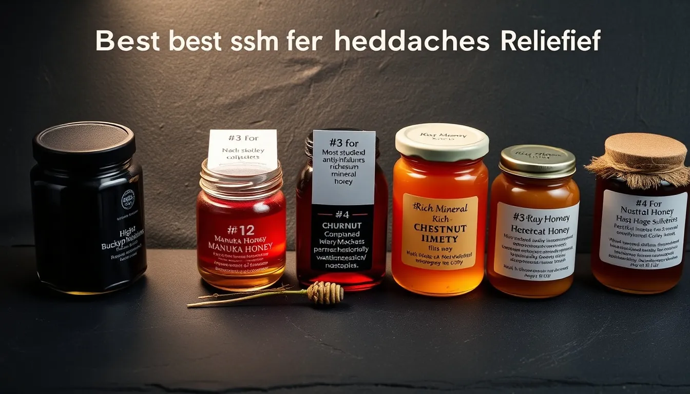 Best honey types for headaches ranked — buckwheat, Manuka, thyme, and chestnut honey jars with anti-inflammatory compound cards on dark slate