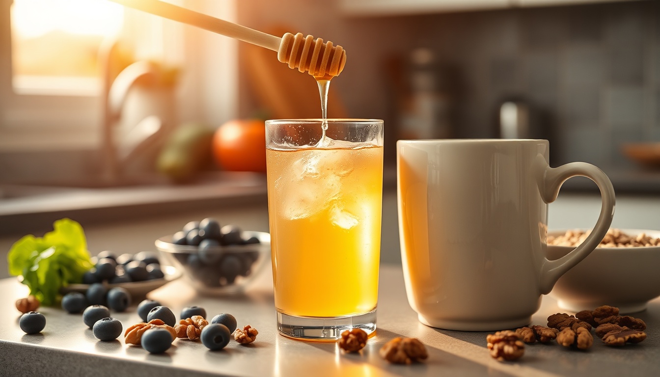 Heart-healthy morning — buckwheat honey in warm lemon water with blueberries, walnuts, and oatmeal on a kitchen counter