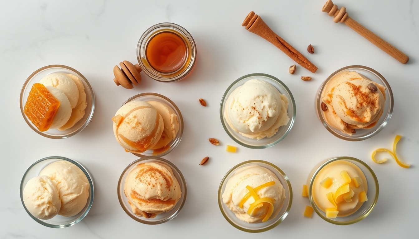 Six honey ice cream flavor variation scoops in individual glass dishes — pure honey, salted caramel swirl, cinnamon, roasted pecan, vanilla bean, and lemon