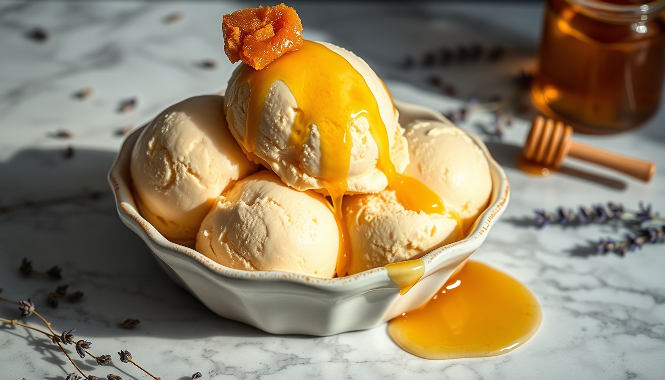 Artisan honey ice cream scoops in a vintage ceramic dish with honeycomb garnish and raw honey drizzle