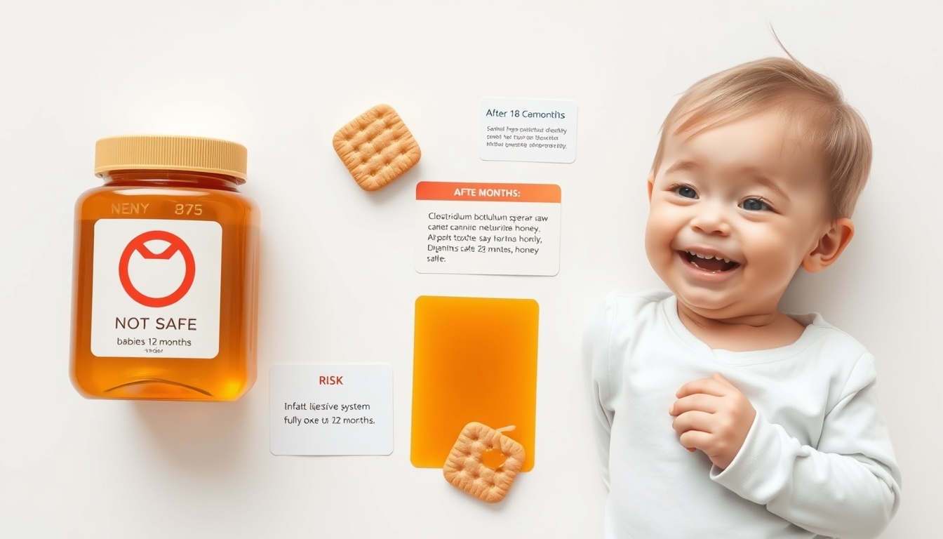 Honey safety for infants: clear warning label showing no honey for babies under 12 months, with pediatric safety information cards