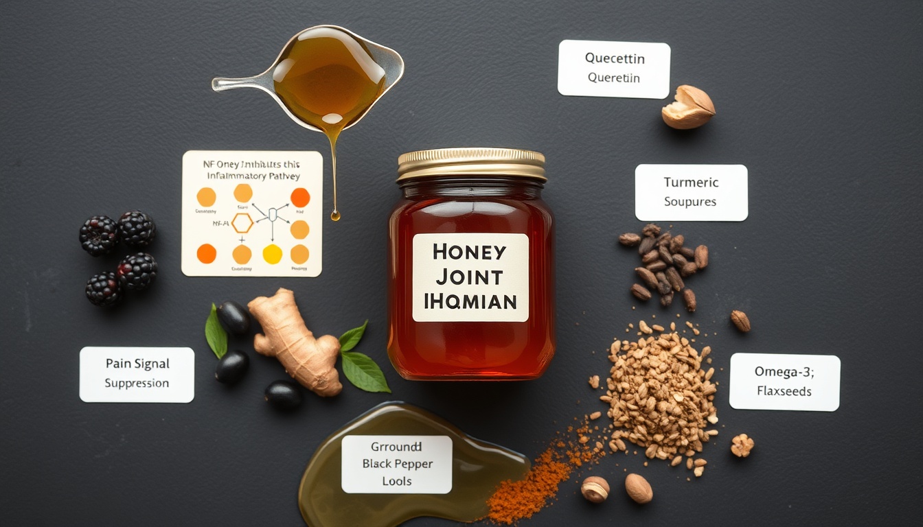 Anti-inflammatory honey for joint pain — dark buckwheat honey jar on dark slate surrounded by NF-κB and COX-2 pathway illustration cards, fresh ginger root, turmeric, dark berries, and omega-3 foods