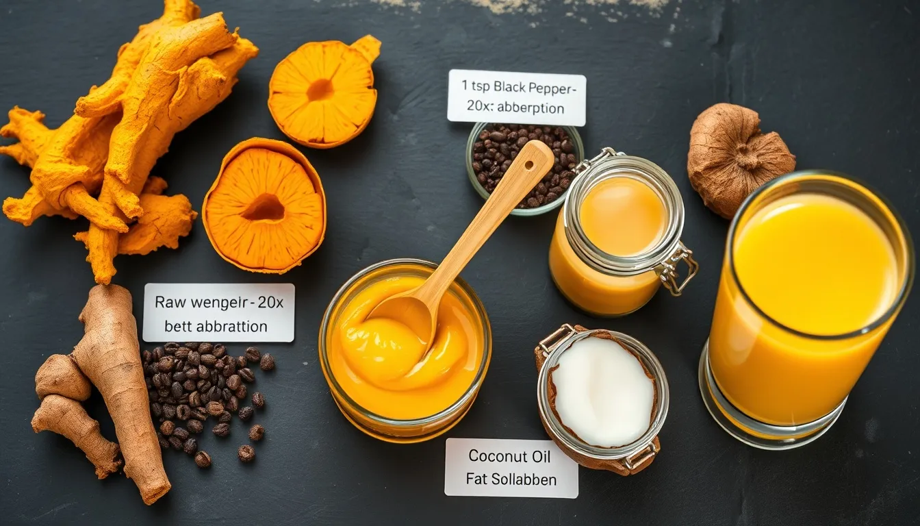 Golden paste for joint health in a glass bowl — vibrant turmeric honey paste with fresh turmeric root, buckwheat honey jar, black peppercorns with absorption label, coconut oil, and warm golden milk