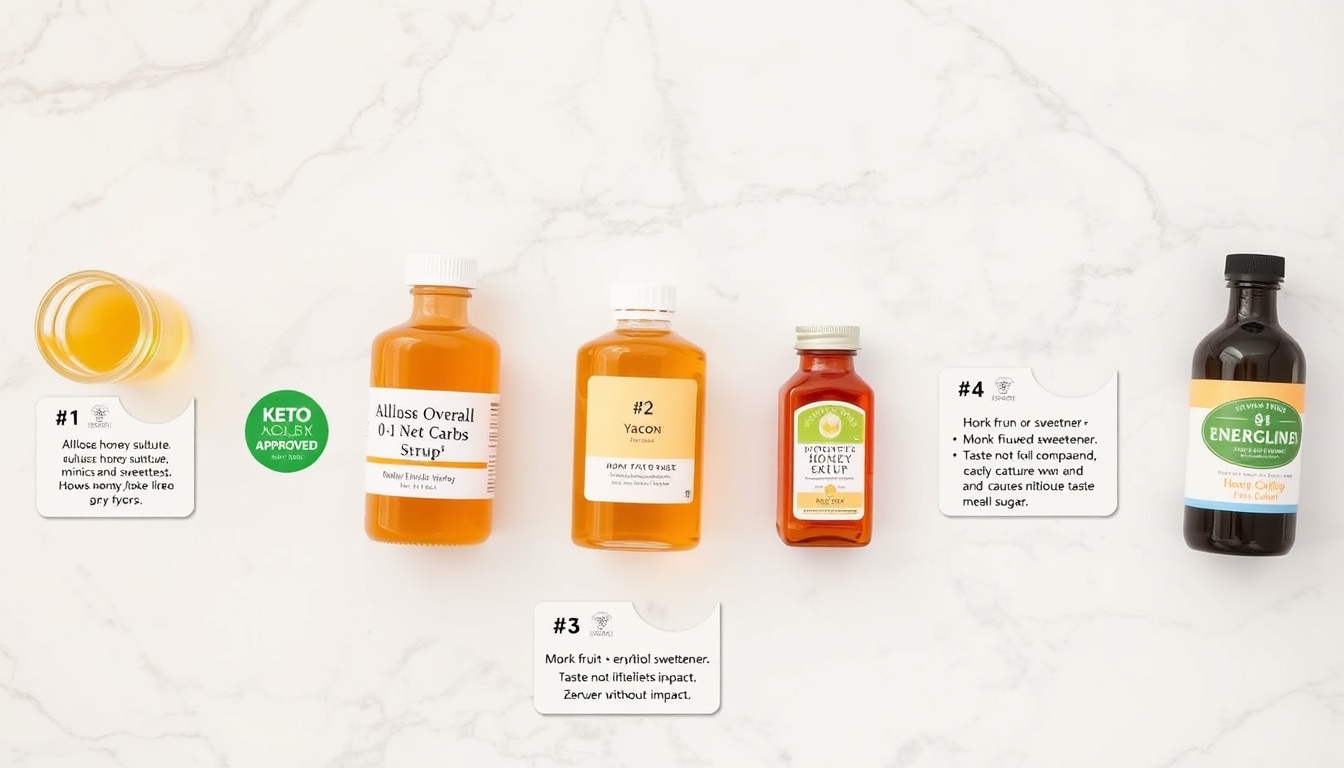 Keto-friendly honey alternatives comparison on white marble — allulose honey substitute, sugar-free syrup, monk fruit extract, yacon syrup, and micro-dose raw honey with evaluation cards and net carb counts