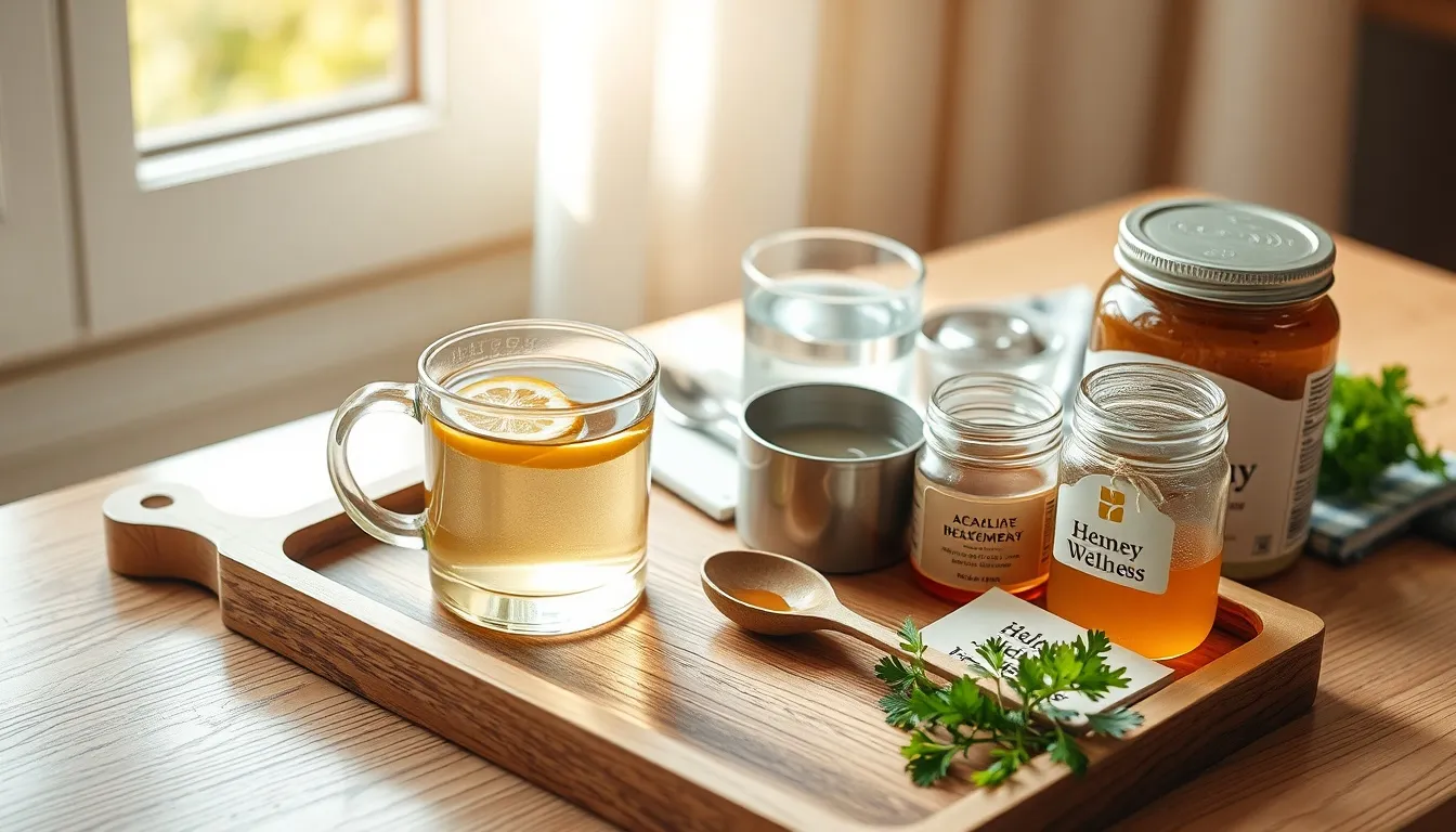Morning wellness protocol for kidney health with honey-lemon water, herbal tea, measuring spoon, and kidney-supporting foods