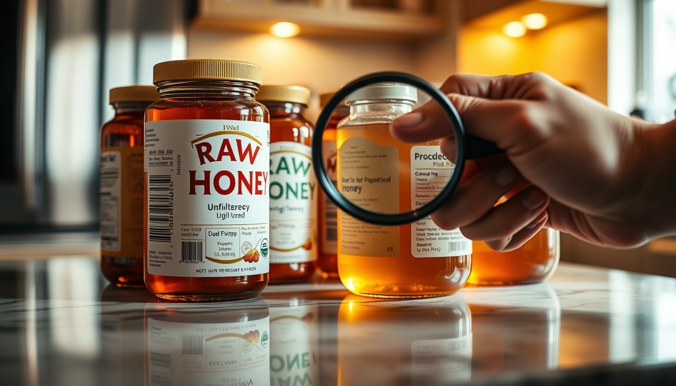 Consumer examining honey jar labels with a magnifying glass, comparing raw unfiltered honey versus processed varieties