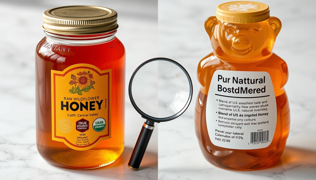 Split comparison of authentic premium honey label with certifications versus suspicious generic honey label with red flag warning signs