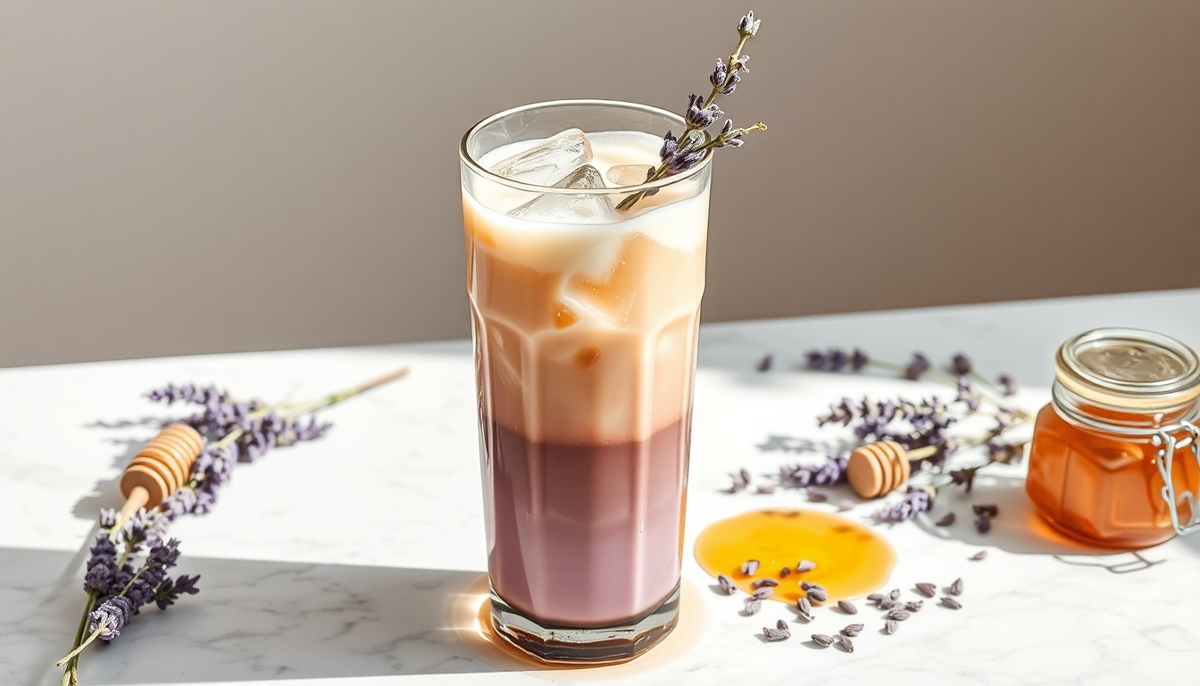 Stunning iced honey lavender latte in a tall clear glass with lavender-to-cream gradient layers, large ice cubes, glass straw with dried lavender bundle, and honey jar on white marble