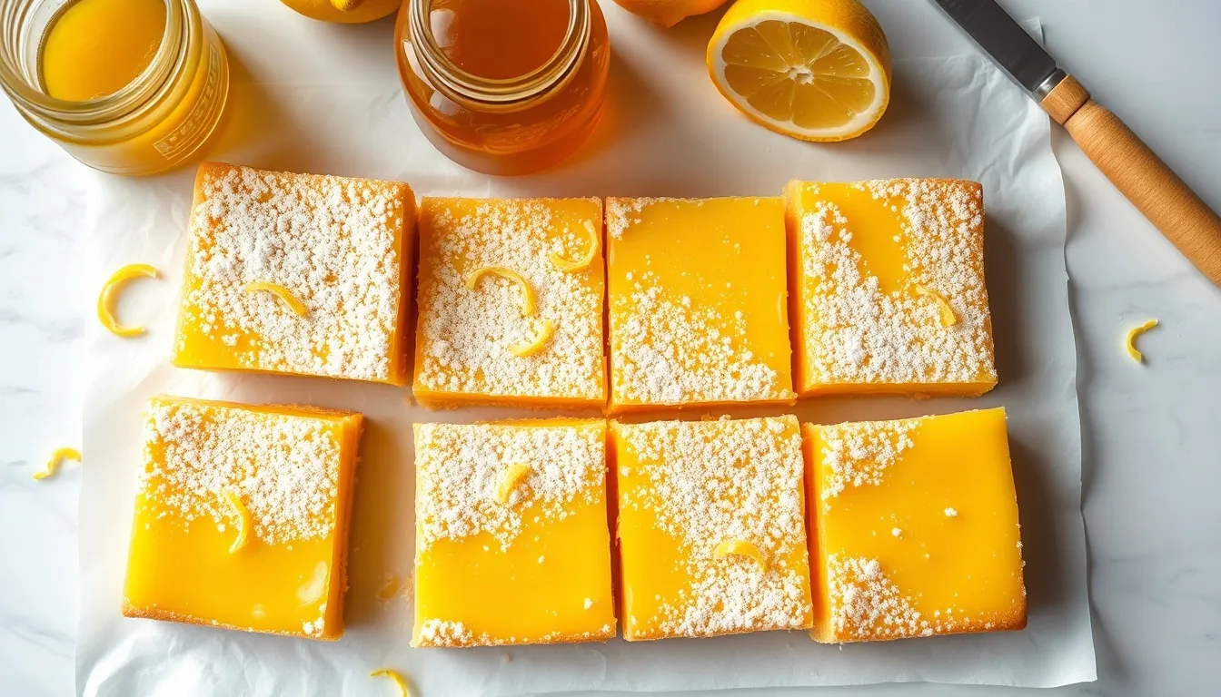 Freshly cut honey lemon bars with golden shortbread crust, bright yellow lemon curd filling, dusted with powdered sugar on white parchment paper
