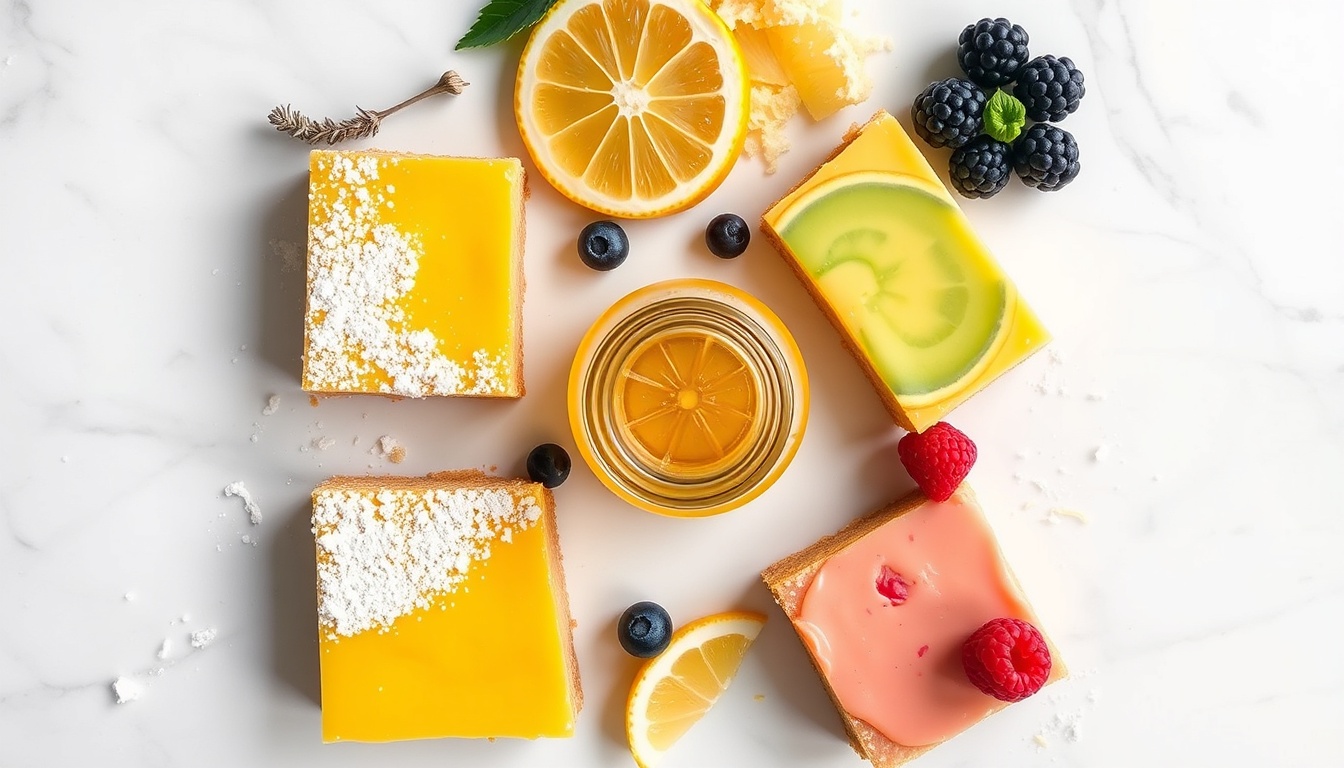 Five honey lemon bar variations on white marble: classic, lavender honey, honey lime, honey lemon blueberry, and honey lemon raspberry