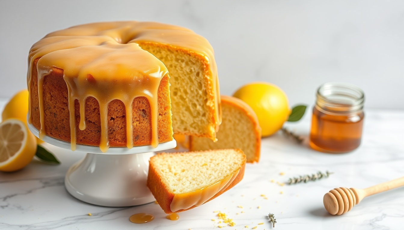 A beautiful honey lemon glazed cake on a white ceramic stand with glossy glaze dripping down the sides and a cross-section showing the moist lemon crumb
