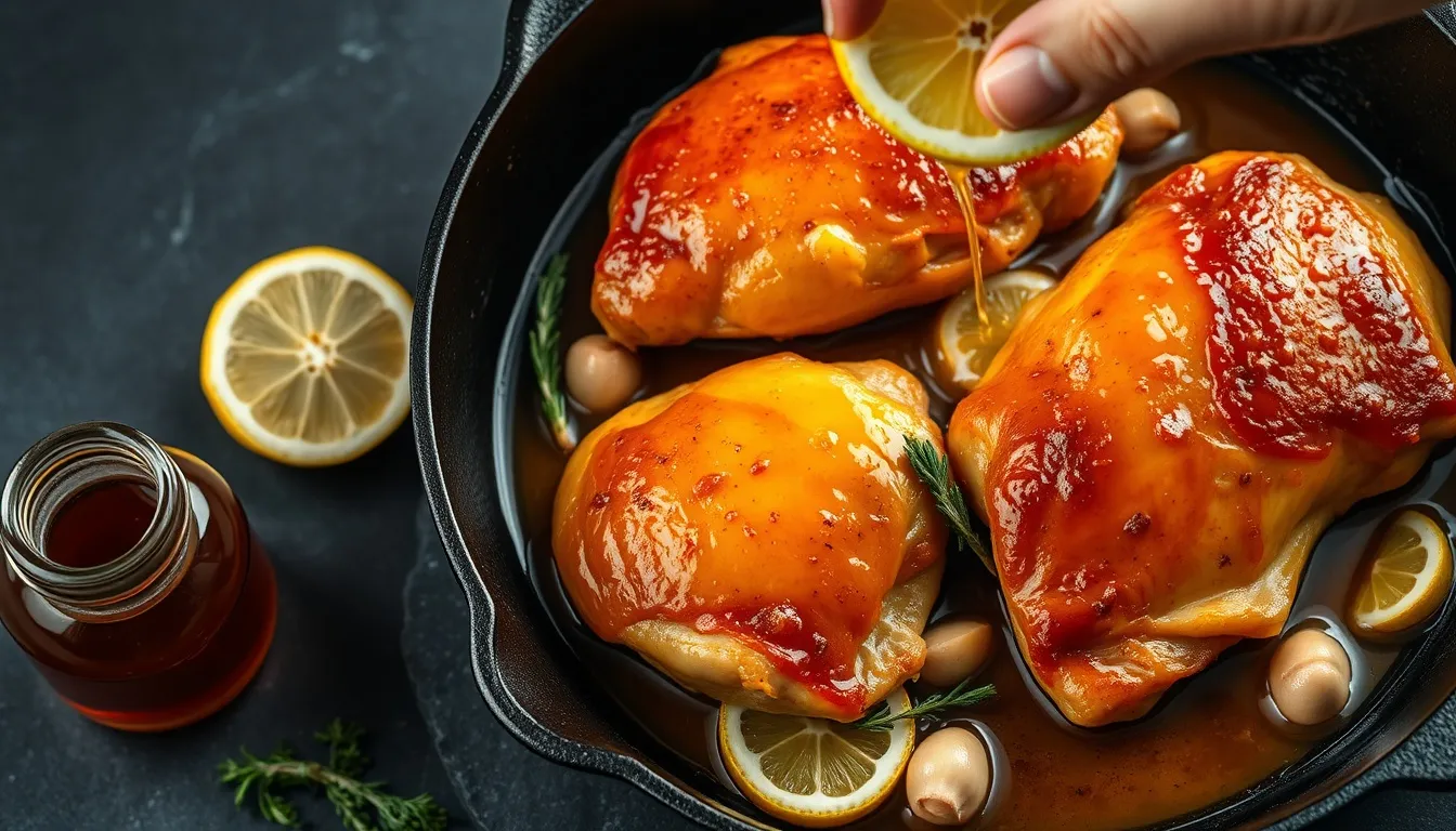 Three golden honey lemon glazed chicken thighs in a cast iron skillet with lemon slices, garlic, and fresh thyme in glistening amber sauce