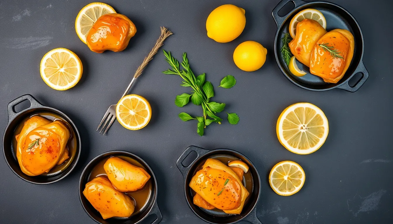 Overhead flat lay of five honey lemon chicken flavor variations in small cast iron skillets: classic with lemon and thyme, garlic, herb, spicy with chili, and ginger soy