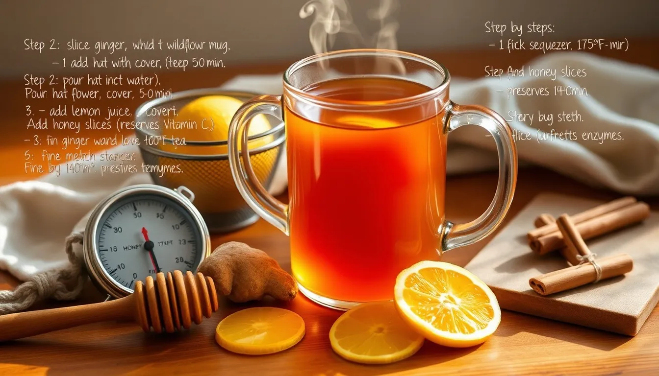 Honey lemon ginger tea preparation scene — glass mug with steam and golden honey swirl, fresh ginger slices, lemon half, honey jar, and step-by-step recipe card on warm wooden surface