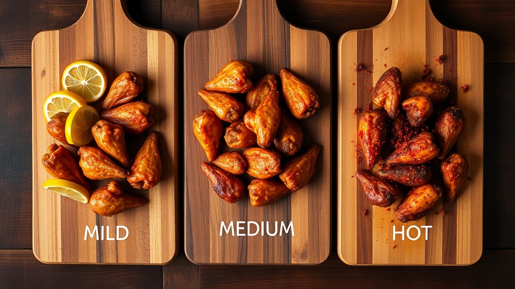 Three boards of honey lemon pepper wings showing mild, medium, and hot heat levels side by side