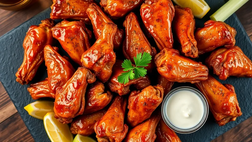 Crispy honey lemon pepper wings on a dark slate platter with lemon wedges, fresh parsley, and ranch dipping sauce