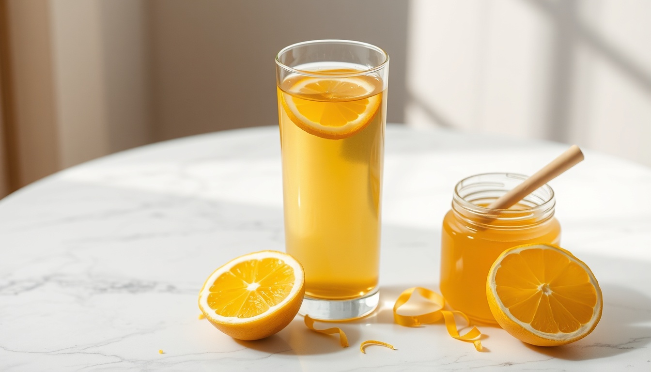 A tall clear glass of warm honey lemon water with a lemon wheel floating on top, golden honey dissolving in tendrils, morning light on a white marble surface