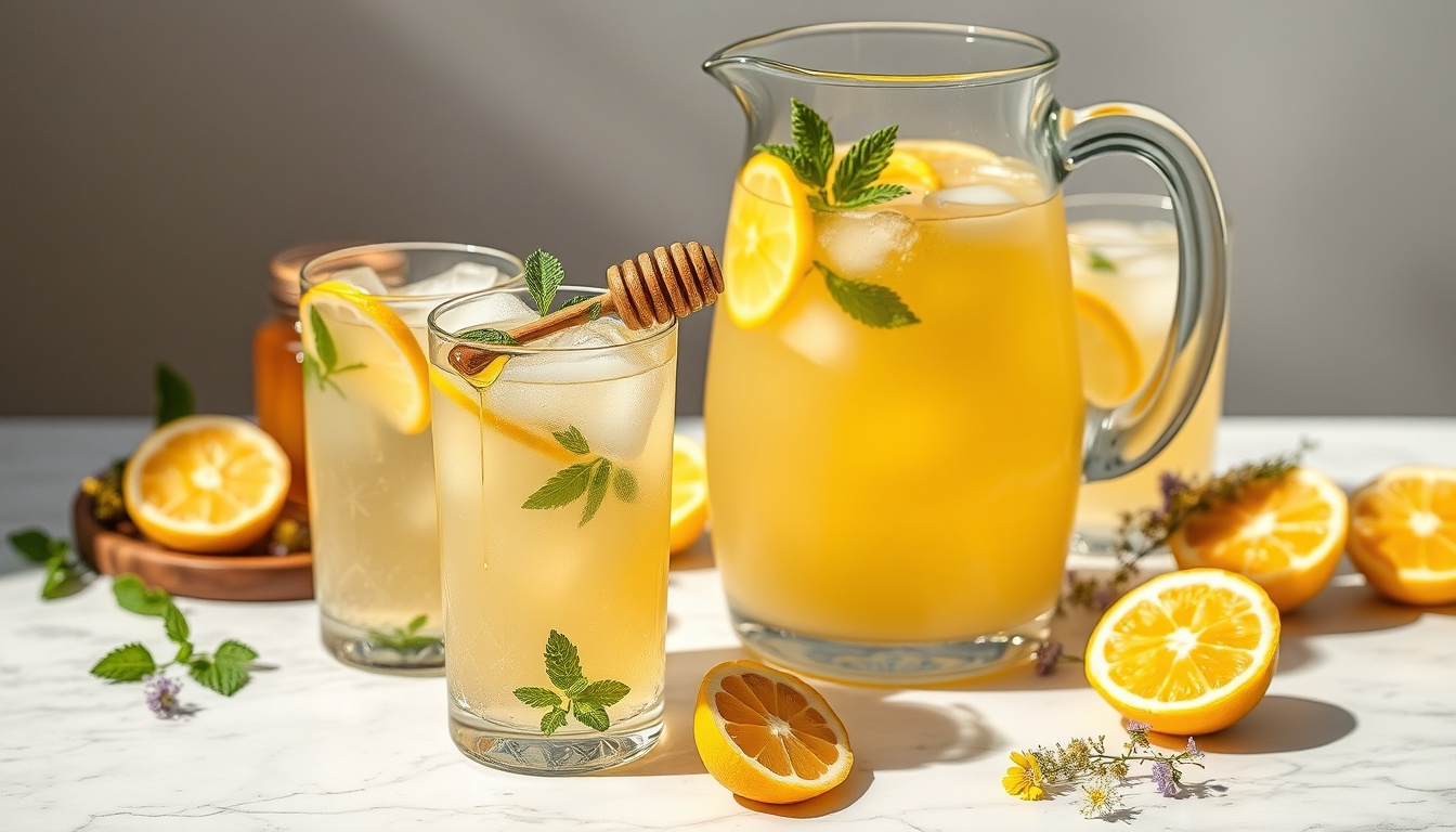 Fresh honey lemonade in glass pitcher and tall glasses with lemon slices, mint, and ice cubes in summer setting
