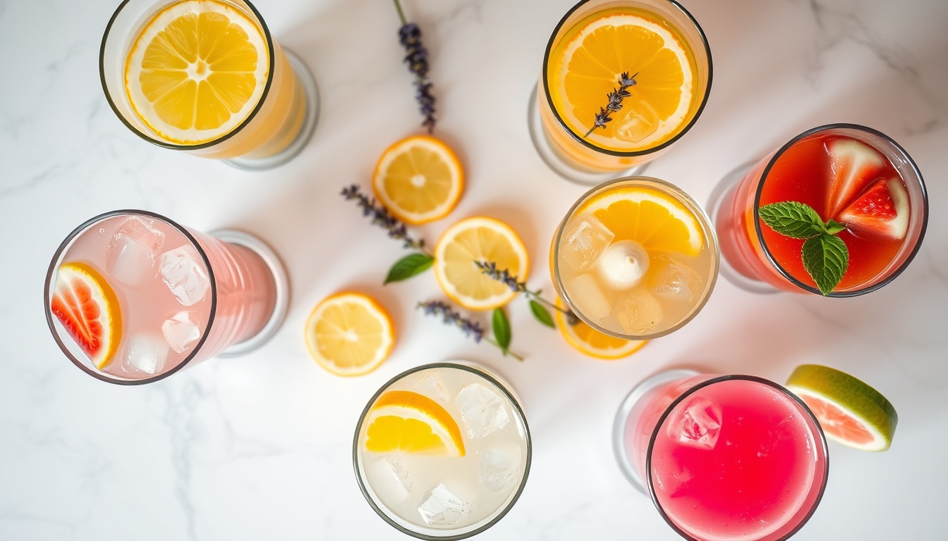 Six honey lemonade variations in tall clear glasses — classic, strawberry, lavender, ginger, sparkling, and watermelon