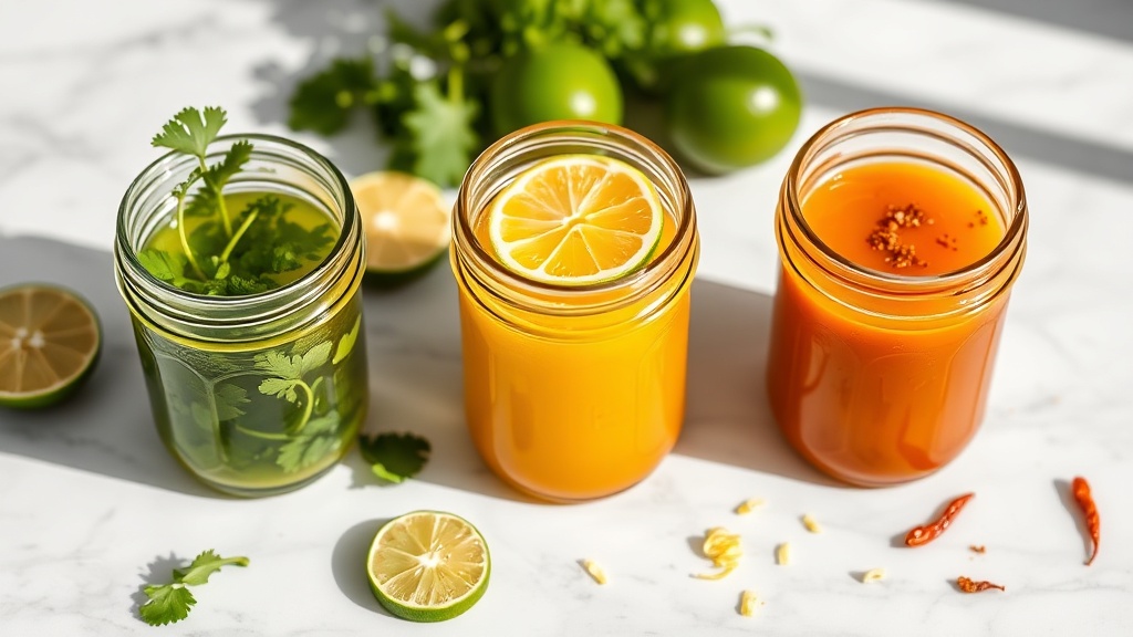 Three mason jars of honey lime dressing variations: bright green cilantro lime, golden classic honey lime, and reddish-orange chili lime on white marble