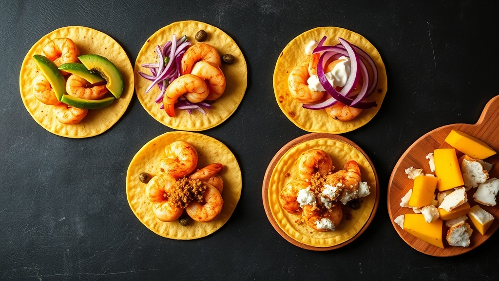 Four honey lime shrimp taco variations including chipotle, garlic butter, mango, and coconut versions on dark stone